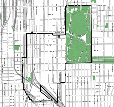 Washington Park TIF district, roughly bounded on the north by 51st Street/Hyde Park Boulevard, 66th Street on the south, Cottage Grove Avenue on the east and Yale Avenue on the west.